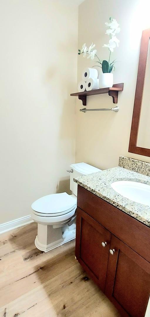 100 Hamlet Cir, Montgomery, IL 60538 - half bathroom featuring vanity and wood finished floors