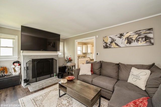 7718 Beach Rd, Wonder Lake, IL 60097 - living room featuring ornamental molding, wood finished floors, and a fireplace with raised hearth