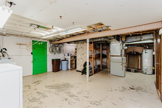 6444 N Oketo Ave, Chicago, IL 60631 - unfinished basement with water heater, washer / clothes dryer, heating unit, and electric panel