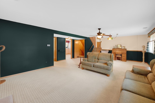 1860 Harvard Ln, New Lenox, IL 60451 - living area featuring light colored carpet, a ceiling fan, and stairs
