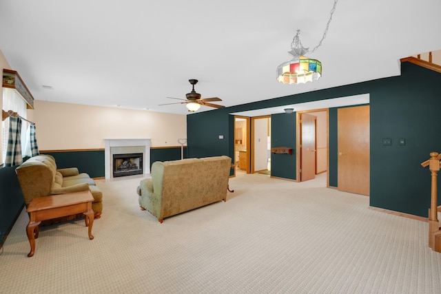 1860 Harvard Ln, New Lenox, IL 60451 - living room with light colored carpet, ceiling fan, and a fireplace