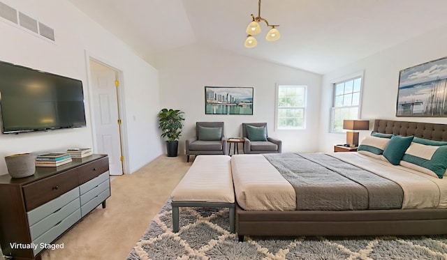 3901 Tallgrass Dr, Champaign, IL 61822 - bedroom with light carpet, lofted ceiling, and a chandelier