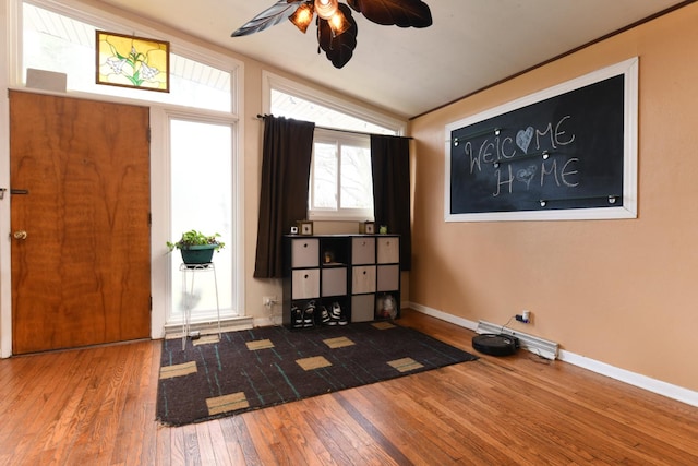 144 Crestwood Dr, East Dundee, IL 60118 - entrance foyer featuring ceiling fan, wood finished floors, and lofted ceiling