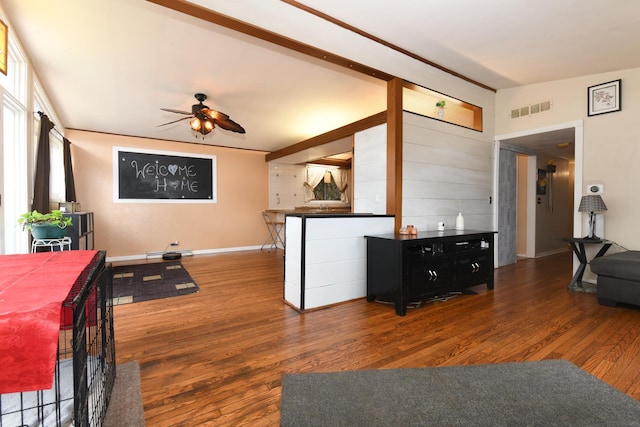 144 Crestwood Dr, East Dundee, IL 60118 - living area with wood finished floors, ceiling fan, and vaulted ceiling