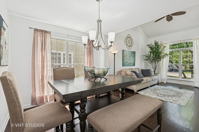 29583 N Birch Ave, Lake Bluff, IL 60044 - dining area with a chandelier, wood finished floors, lofted ceiling, and a ceiling fan