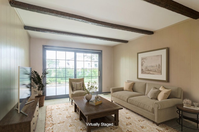 1406 Evans Ct, Elk Grove Village, IL 60007 - carpeted living room featuring beam ceiling