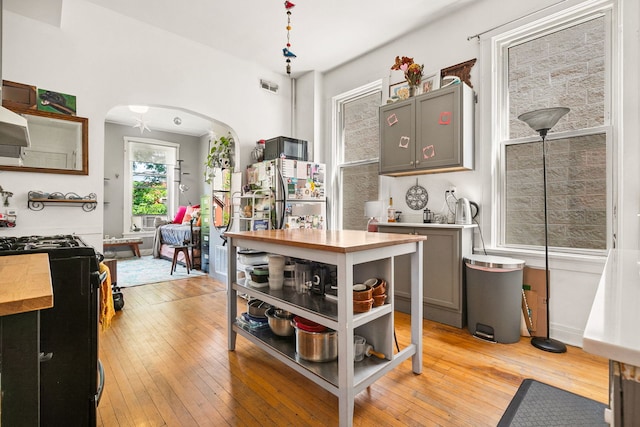 1624 N Oakley Ave, Chicago, IL 60647 - kitchen with wood counters, light wood-style flooring, and arched walkways