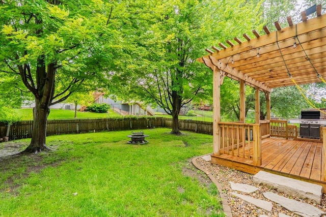 1311 Bancroft Dr, Bloomington, IL 61704 - fenced backyard with an outdoor fire pit, a deck, and a pergola