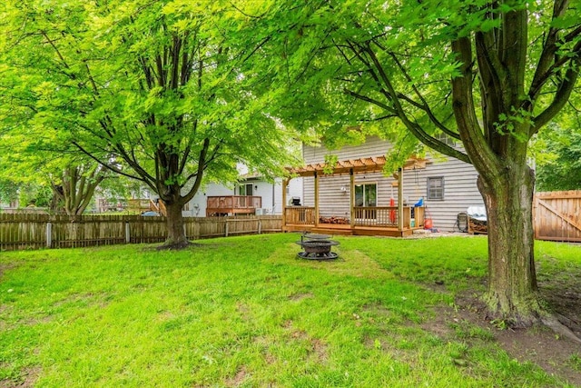 1311 Bancroft Dr, Bloomington, IL 61704 - fenced backyard with a fire pit, a pergola, and a deck