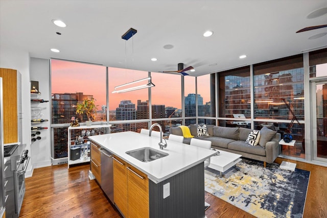 110 W Superior St Unit 1803, Chicago, IL 60654 - kitchen featuring stainless steel appliances, dark wood-type flooring, a view of city, an island with sink, and wine cooler