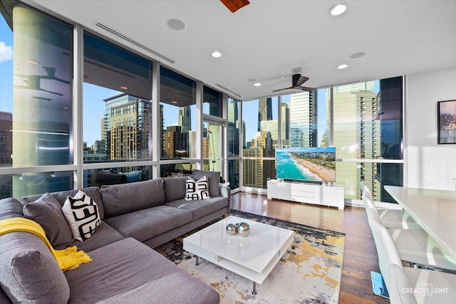 110 W Superior St Unit 1803, Chicago, IL 60654 - living area with expansive windows, wood finished floors, recessed lighting, and ceiling fan