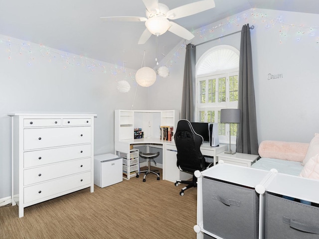 12114 W Castle Dr, Mokena, IL 60448 - office area featuring a ceiling fan, light carpet, and vaulted ceiling