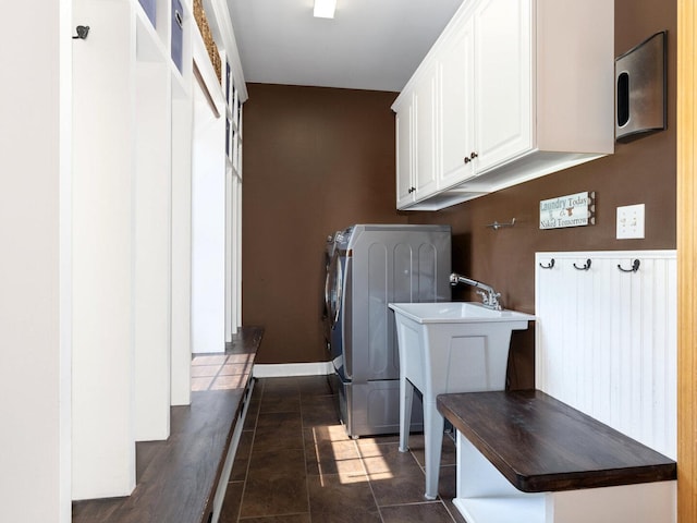 12114 W Castle Dr, Mokena, IL 60448 - washroom featuring cabinet space, dark tile patterned flooring, and washer and clothes dryer