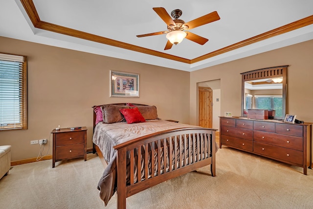 26645 W Ian Ct, Channahon, IL 60410 - bedroom featuring a raised ceiling, light colored carpet, ornamental molding, and a ceiling fan