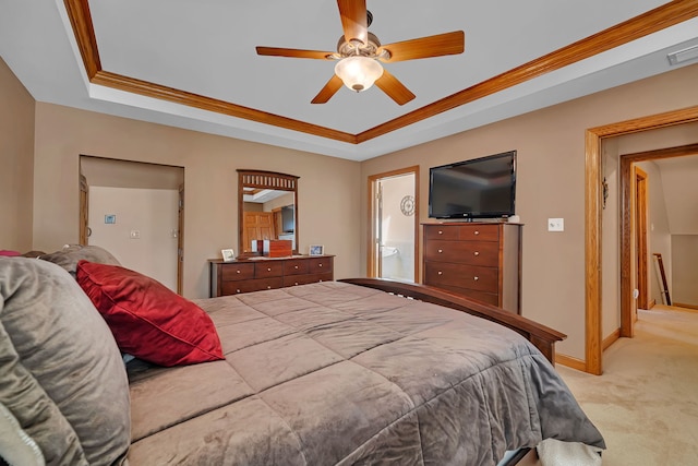 26645 W Ian Ct, Channahon, IL 60410 - bedroom with a raised ceiling, light carpet, crown molding, and a ceiling fan