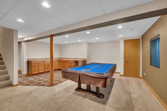 26645 W Ian Ct, Channahon, IL 60410 - game room with wet bar, light carpet, a paneled ceiling, billiards, and recessed lighting