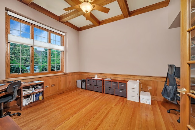 26645 W Ian Ct, Channahon, IL 60410 - office area with coffered ceiling, wainscoting, beamed ceiling, a ceiling fan, and wood finished floors