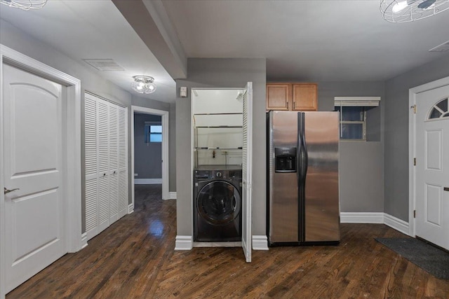 4351 S Forrestville Ave Unit G, Chicago, IL 60653 - kitchen with stainless steel refrigerator with ice dispenser, washer / clothes dryer, and dark wood finished floors