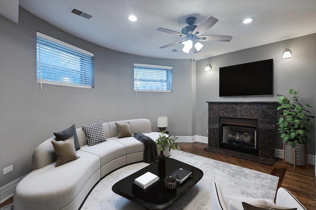 4351 S Forrestville Ave Unit G, Chicago, IL 60653 - living area with wood finished floors, a ceiling fan, recessed lighting, and a premium fireplace