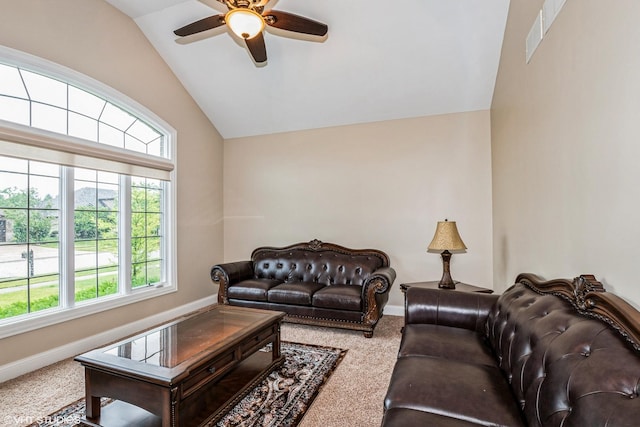 21409 Foxtail Dr, Mokena, IL 60448 - living room with vaulted ceiling, carpet, plenty of natural light, and a ceiling fan