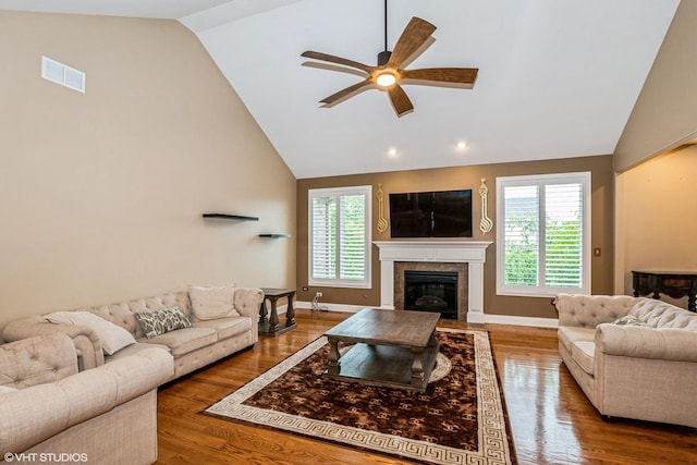 21409 Foxtail Dr, Mokena, IL 60448 - living room featuring ceiling fan, a tile fireplace, wood finished floors, recessed lighting, and high vaulted ceiling