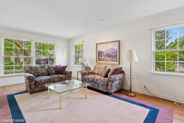 1329 Sanford Ln, Glenview, IL 60025 - living room with wood finished floors, plenty of natural light, and crown molding