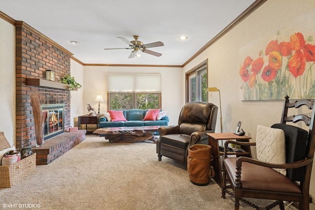 1329 Sanford Ln, Glenview, IL 60025 - living area with carpet floors, ceiling fan, ornamental molding, a fireplace, and recessed lighting