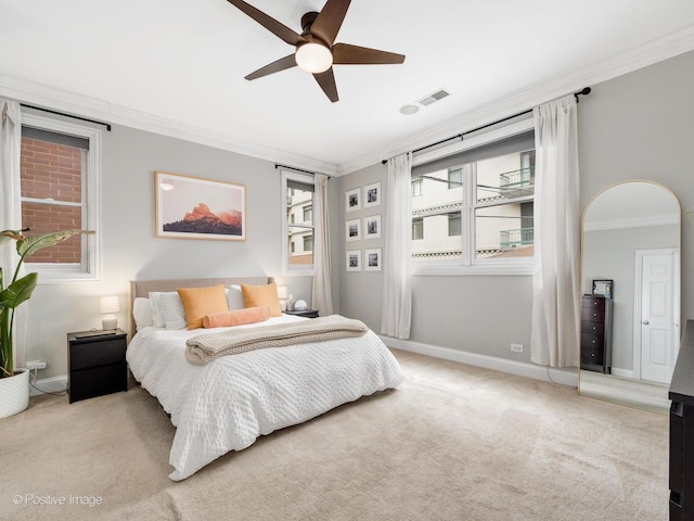 669 N Peoria St Unit 1N, Chicago, IL 60642 - bedroom with ornamental molding, light carpet, and ceiling fan