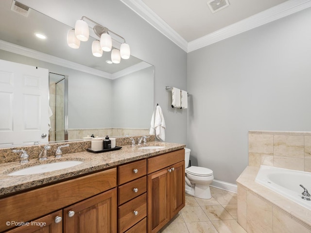 669 N Peoria St Unit 1N, Chicago, IL 60642 - bathroom with a garden tub, double vanity, a stall shower, and ornamental molding
