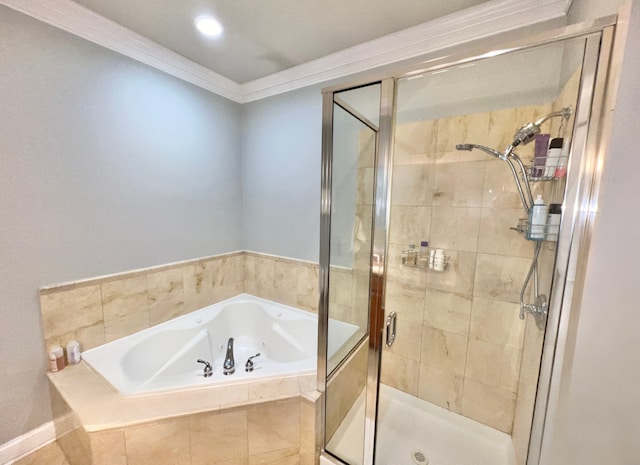 669 N Peoria St Unit 1N, Chicago, IL 60642 - bathroom with a whirlpool tub, a shower stall, crown molding, and recessed lighting