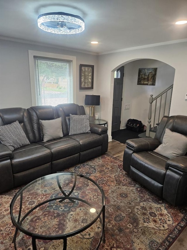 3401 S 56th Ct, Cicero, IL 60804 - living room with arched walkways, ornamental molding, and wood finished floors
