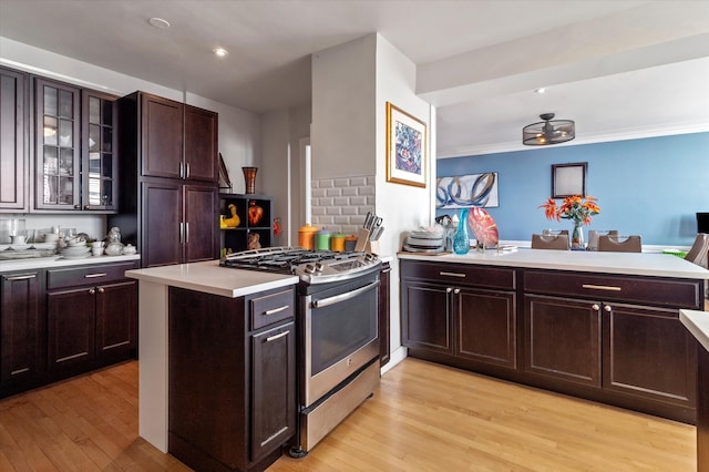 5555 S Everett Ave Unit C14, Chicago, IL 60637 - kitchen featuring a peninsula, stainless steel gas stove, light countertops, light wood-style floors, and crown molding