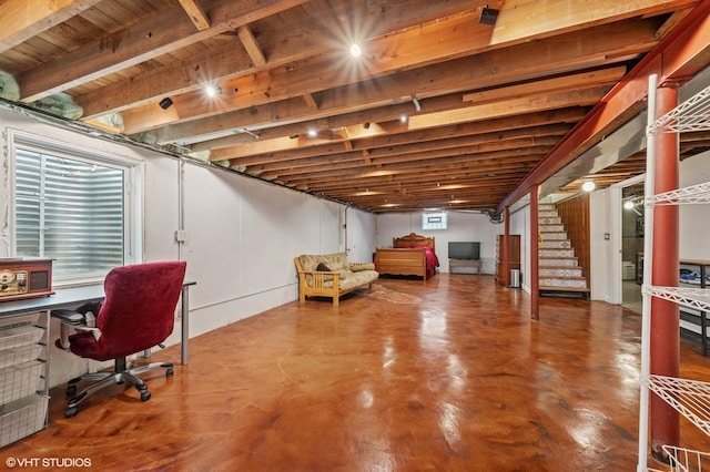 2417 Lyons St, Evanston, IL 60201 - basement featuring stairs, a desk, and wood ceiling