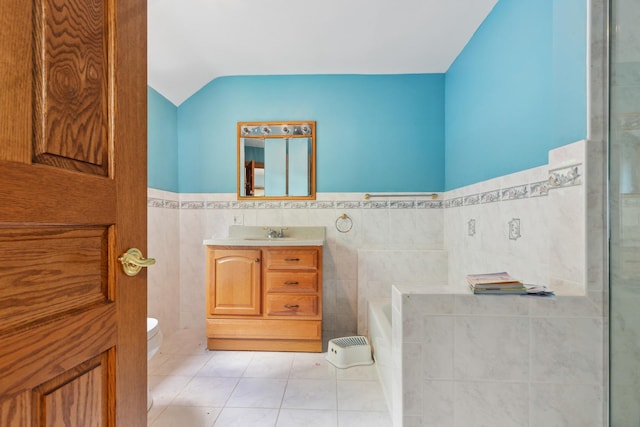 1313 Plum Tree Rd, Barrington Hills, IL 60010 - full bath featuring tile walls, tile patterned flooring, vanity, a garden tub, and vaulted ceiling