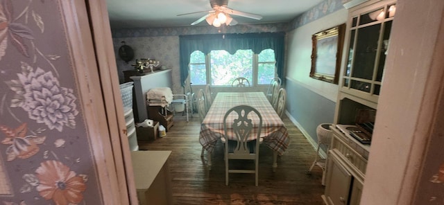 27375 W Nippersink Rd, Ingleside, IL 60041 - dining room with wallpapered walls, wood finished floors, and ceiling fan