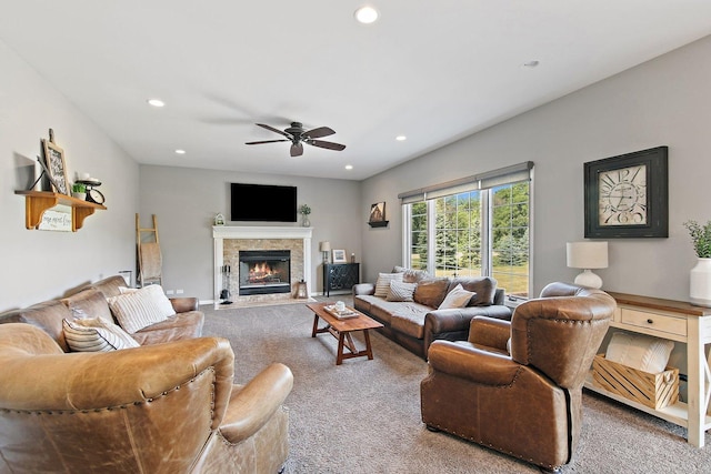 29990 Fehmarn Way, Genoa, IL 60135 - carpeted living area with a ceiling fan, recessed lighting, and a lit fireplace
