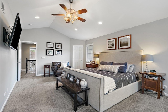 29990 Fehmarn Way, Genoa, IL 60135 - carpeted bedroom featuring vaulted ceiling, a ceiling fan, a closet, and recessed lighting