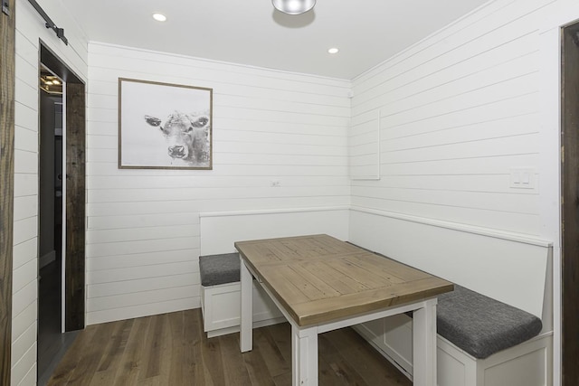 471 N W Ave, Elmhurst, IL 60126 - dining space featuring wood walls, dark wood-style floors, recessed lighting, and crown molding