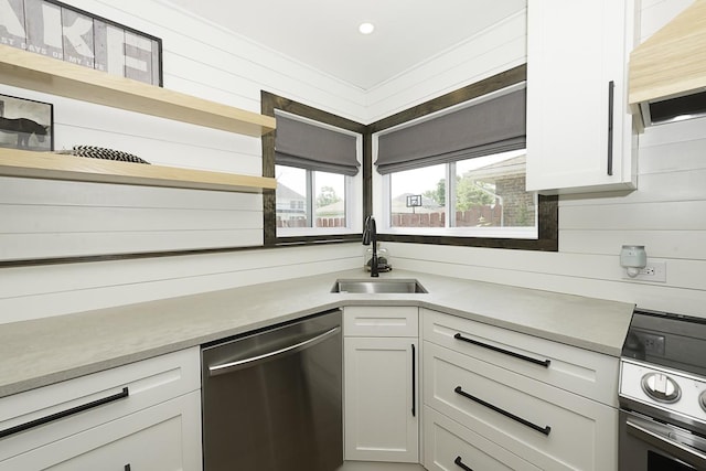 471 N W Ave, Elmhurst, IL 60126 - kitchen featuring stainless steel dishwasher, open shelves, white cabinets, wooden walls, and custom range hood