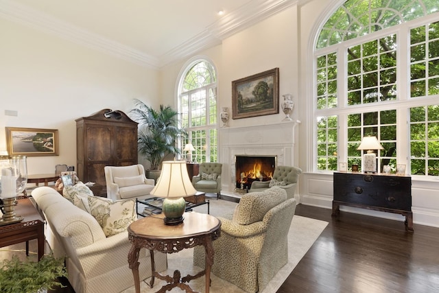 475 Red Fox Ln, Lake Forest, IL 60045 - living room featuring a premium fireplace, dark wood-style flooring, and ornamental molding