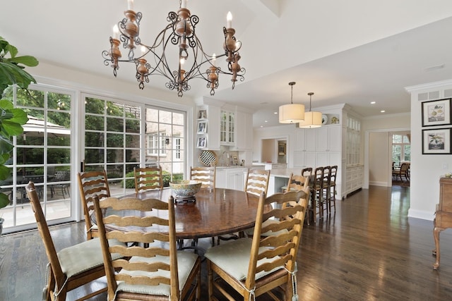 475 Red Fox Ln, Lake Forest, IL 60045 - dining area featuring dark wood-style floors, a chandelier, recessed lighting, and ornamental molding