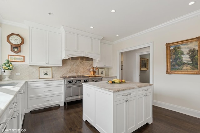 475 Red Fox Ln, Lake Forest, IL 60045 - kitchen with stainless steel range, crown molding, dark wood-type flooring, tasteful backsplash, and white cabinets