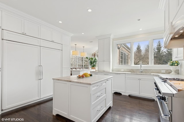 475 Red Fox Ln, Lake Forest, IL 60045 - kitchen with high end stove, white cabinets, a kitchen island, dark wood finished floors, and recessed lighting