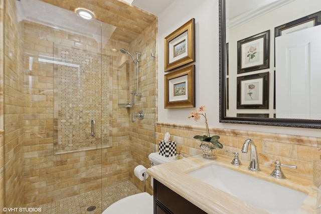 475 Red Fox Ln, Lake Forest, IL 60045 - bathroom featuring a stall shower, vanity, and tile walls