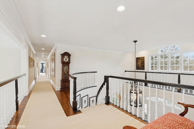 475 Red Fox Ln, Lake Forest, IL 60045 - corridor with an upstairs landing, recessed lighting, wood finished floors, and crown molding
