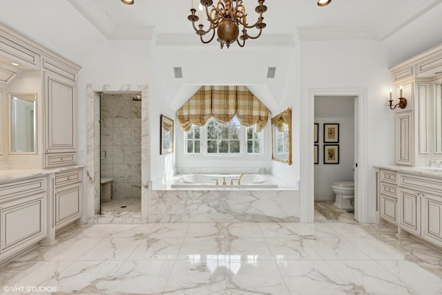 475 Red Fox Ln, Lake Forest, IL 60045 - bathroom with marble tiled flooring, vanity, a garden tub, a chandelier, and a marble finish shower