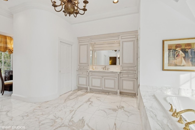 475 Red Fox Ln, Lake Forest, IL 60045 - bathroom featuring a chandelier, marble tiled flooring, vanity, a tub with marble appearance, and ornamental molding