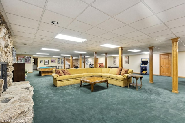 475 Red Fox Ln, Lake Forest, IL 60045 - living room featuring carpet floors, pool table, a drop ceiling, and decorative columns