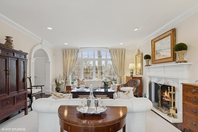 475 Red Fox Ln, Lake Forest, IL 60045 - living area featuring a fireplace, arched walkways, ornamental molding, and recessed lighting