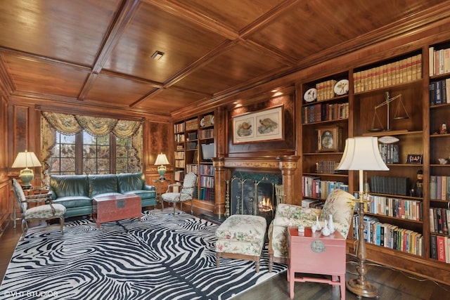 475 Red Fox Ln, Lake Forest, IL 60045 - sitting room featuring wooden ceiling, wooden walls, built in features, a fireplace, and ornamental molding